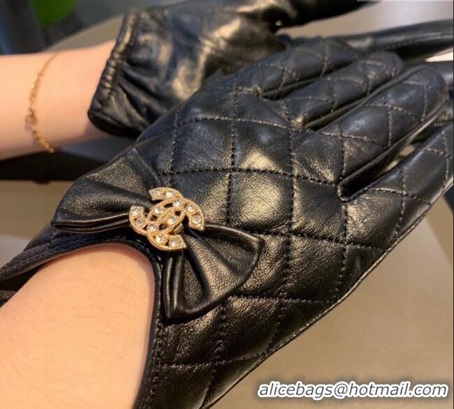 New Cheap Chanel Quilted Lambskin and Cashmere Gloves with Bow 1111 Black 2025