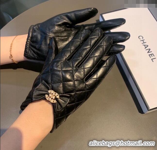 New Cheap Chanel Quilted Lambskin and Cashmere Gloves with Bow 1111 Black 2025