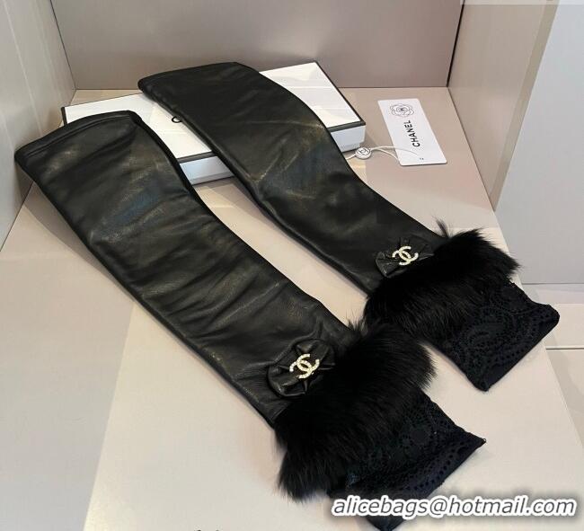 Buy Classic Chanel Lambskin and Fur Long Gloves 1111 Black 2025