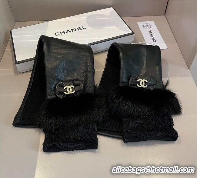 Buy Classic Chanel Lambskin and Fur Long Gloves 1111 Black 2025