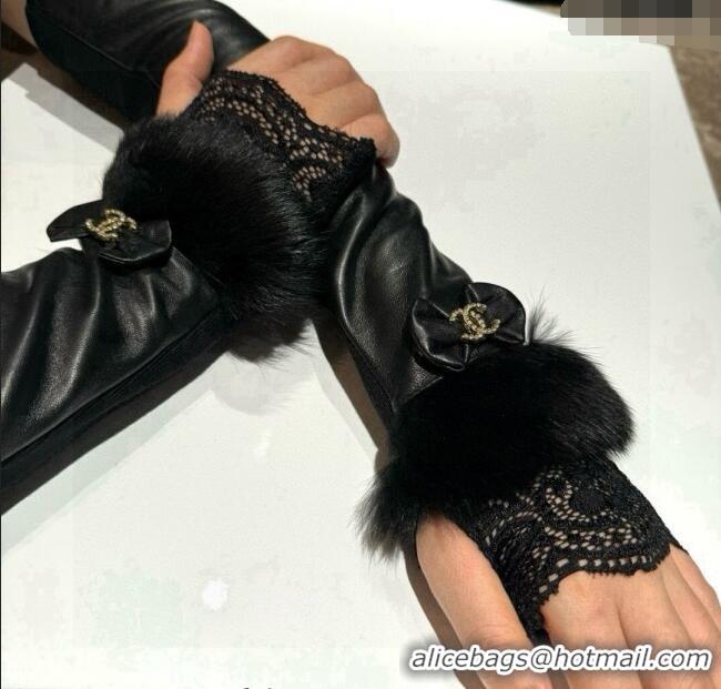 Buy Classic Chanel Lambskin and Fur Long Gloves 1111 Black 2025