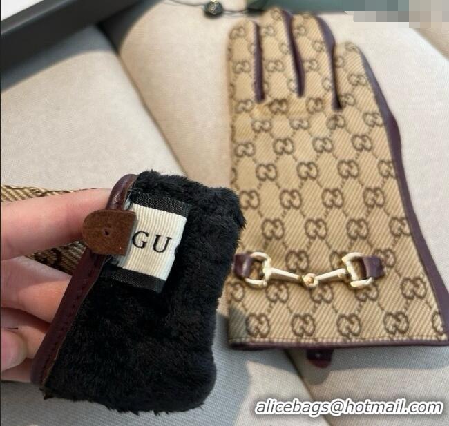Unique Grade Gucci GG Canvas and Lambskin Gloves with Horsebit 1129 Beige 2024