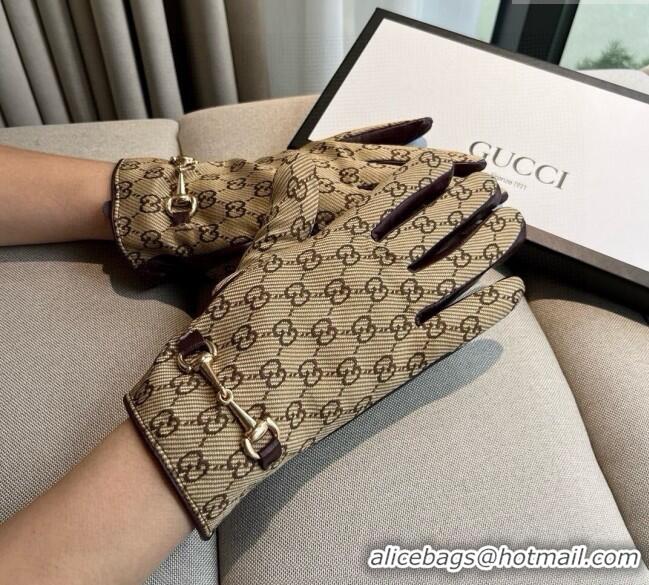 Unique Grade Gucci GG Canvas and Lambskin Gloves with Horsebit 1129 Beige 2024