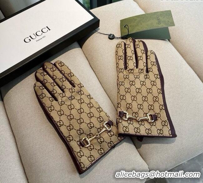 Unique Grade Gucci GG Canvas and Lambskin Gloves with Horsebit 1129 Beige 2024
