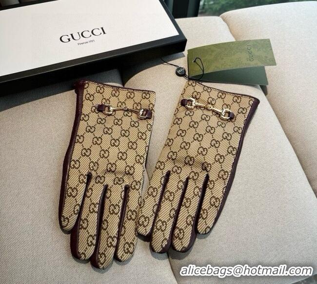 Unique Grade Gucci GG Canvas and Lambskin Gloves with Horsebit 1129 Beige 2024