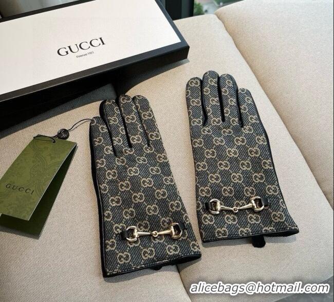 Best Price Gucci GG Canvas and Lambskin Gloves with Horsebit 1129 Dark Blue 2024