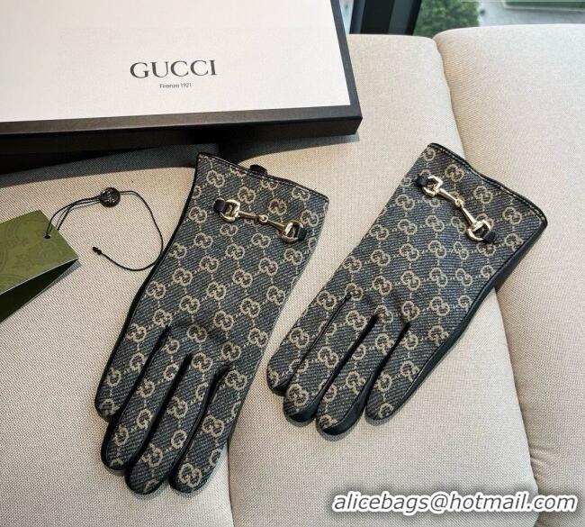 Best Price Gucci GG Canvas and Lambskin Gloves with Horsebit 1129 Dark Blue 2024