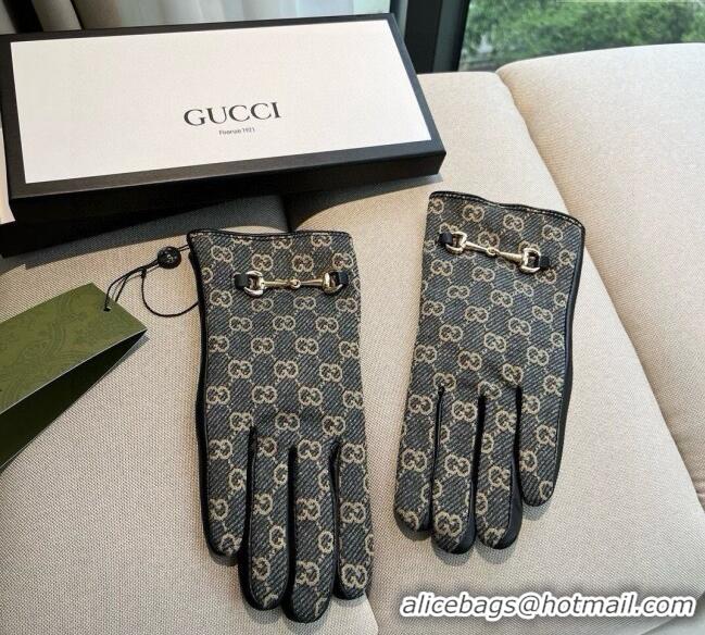 Best Price Gucci GG Canvas and Lambskin Gloves with Horsebit 1129 Dark Blue 2024