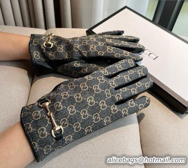 Best Price Gucci GG Canvas and Lambskin Gloves with Horsebit 1129 Dark Blue 2024