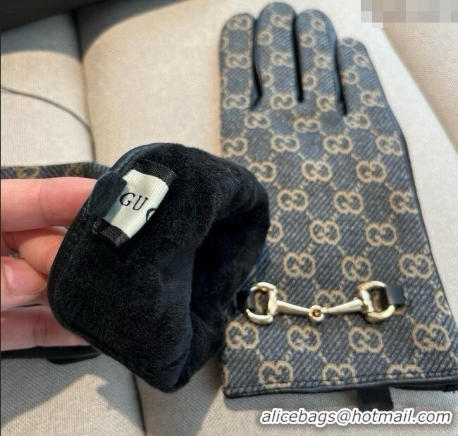 Best Price Gucci GG Canvas and Lambskin Gloves with Horsebit 1129 Dark Blue 2024