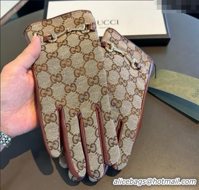 Big Discount Gucci GG Canvas and Lambskin Gloves with Horsebit 1129 Camel 2024