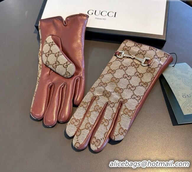Big Discount Gucci GG Canvas and Lambskin Gloves with Horsebit 1129 Camel 2024
