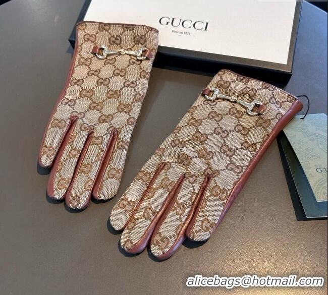 Big Discount Gucci GG Canvas and Lambskin Gloves with Horsebit 1129 Camel 2024