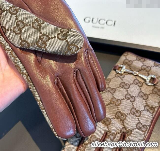Big Discount Gucci GG Canvas and Lambskin Gloves with Horsebit 1129 Camel 2024