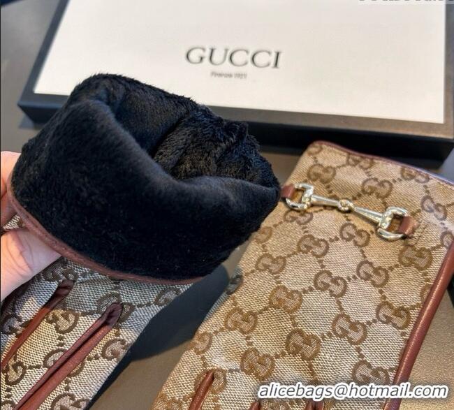 Big Discount Gucci GG Canvas and Lambskin Gloves with Horsebit 1129 Camel 2024