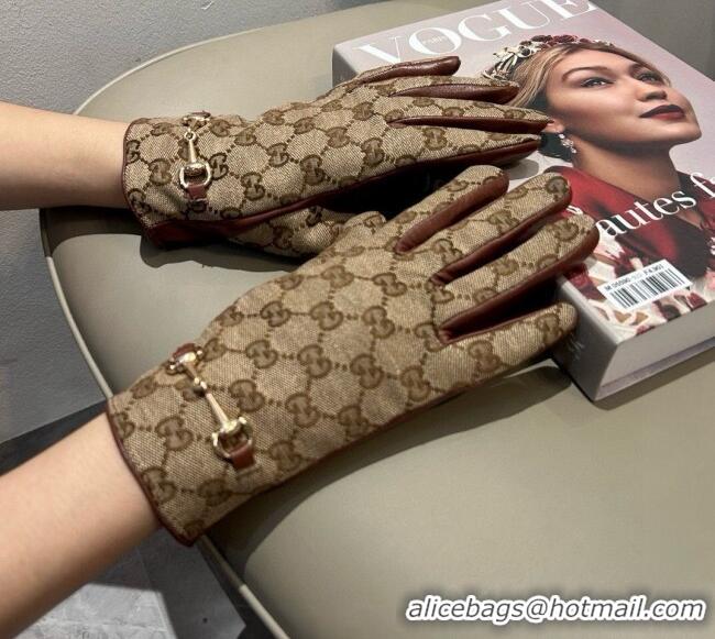 Big Discount Gucci GG Canvas and Lambskin Gloves with Horsebit 1129 Camel 2024