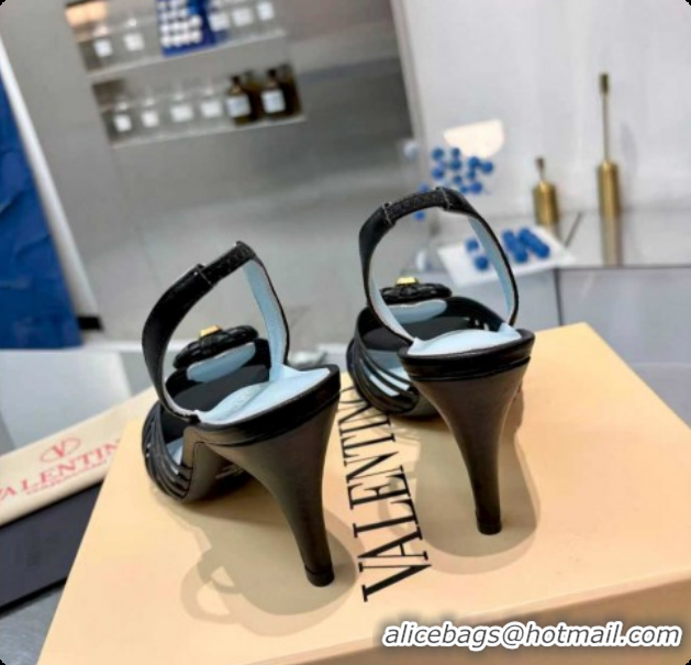 Luxurious Valentino Heart Calfskin Leather Heel Sandals 10cm Black VLTN121501 1215029