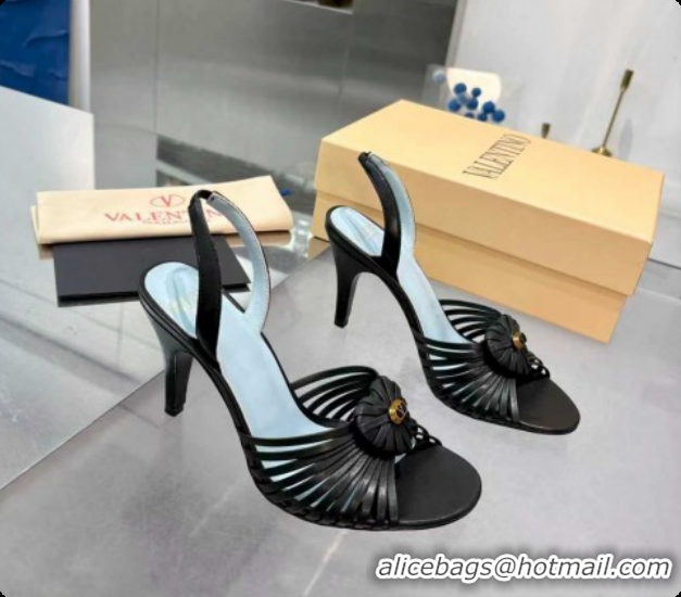 Luxurious Valentino Heart Calfskin Leather Heel Sandals 10cm Black VLTN121501 1215029