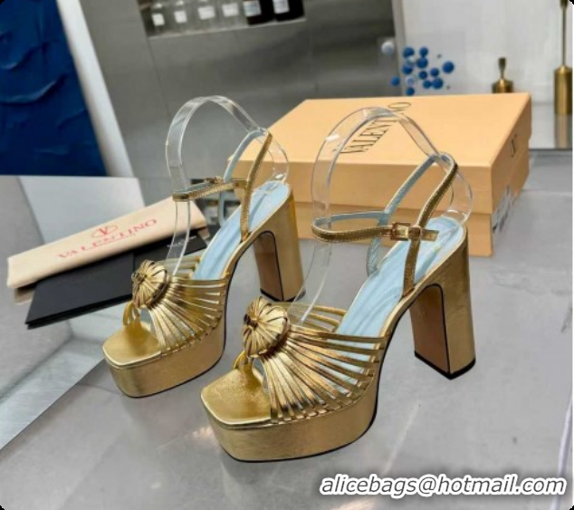 Pretty Style Valentino Heart Calfskin Leather Platform Sandals 11cm Gold 2025 VLTN121501 1215034