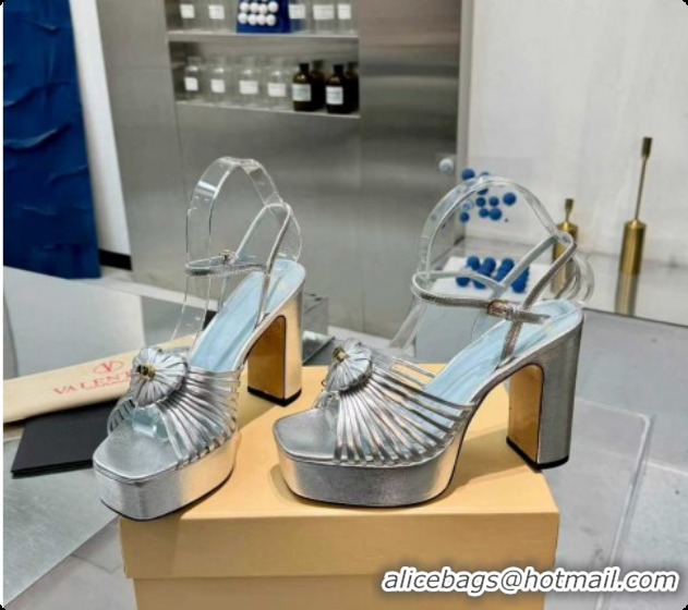 Grade Quality Valentino Heart Calfskin Leather Platform Sandals 11cm Silver 2025 VLTN121501 1215035