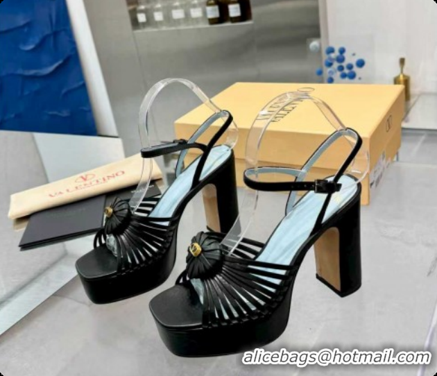Low Price Valentino Heart Calfskin Leather Platform Sandals 11cm Black VLTN121501 1215036