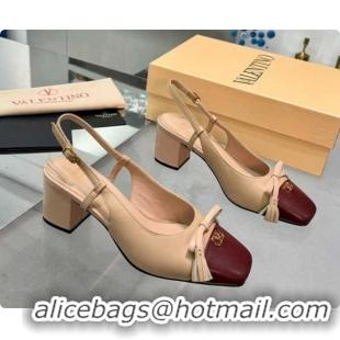 Low Cost Valentino VALET DU ROI Slingbacks Pump 6cm in Calfskin Leather with Tassel Bow Beige/Dark Burgundy 1215037