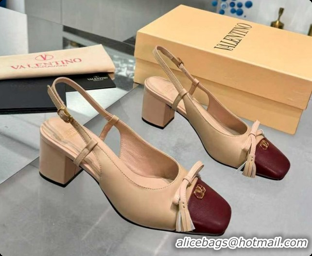 Low Cost Valentino VALET DU ROI Slingbacks Pump 6cm in Calfskin Leather with Tassel Bow Beige/Dark Burgundy 1215037
