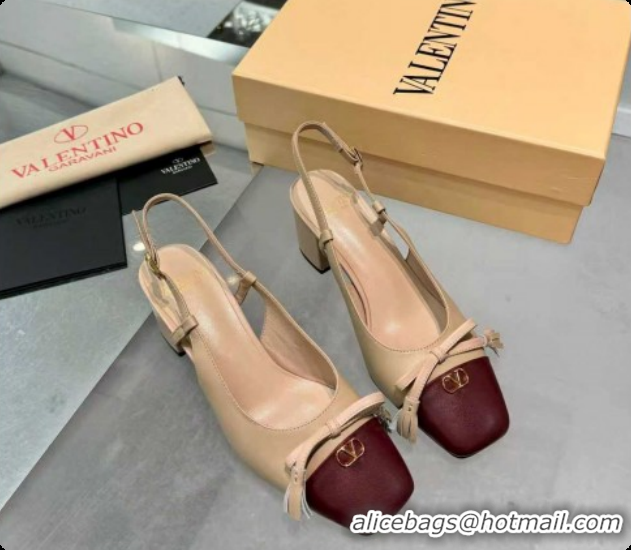 Low Cost Valentino VALET DU ROI Slingbacks Pump 6cm in Calfskin Leather with Tassel Bow Beige/Dark Burgundy 1215037