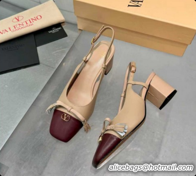 Low Cost Valentino VALET DU ROI Slingbacks Pump 6cm in Calfskin Leather with Tassel Bow Beige/Dark Burgundy 1215037