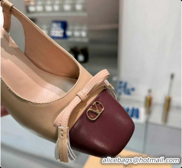 Low Cost Valentino VALET DU ROI Slingbacks Pump 6cm in Calfskin Leather with Tassel Bow Beige/Dark Burgundy 1215037