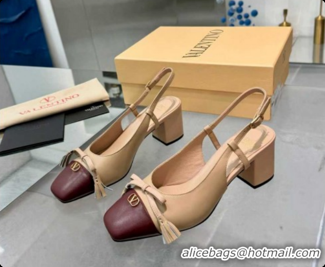 Low Cost Valentino VALET DU ROI Slingbacks Pump 6cm in Calfskin Leather with Tassel Bow Beige/Dark Burgundy 1215037
