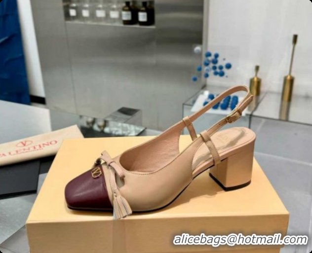 Low Cost Valentino VALET DU ROI Slingbacks Pump 6cm in Calfskin Leather with Tassel Bow Beige/Dark Burgundy 1215037