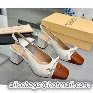 Classic Hot Valentino VALET DU ROI Slingbacks Pump 6cm in Calfskin Leather with Tassel Bow White/Brown 1215038