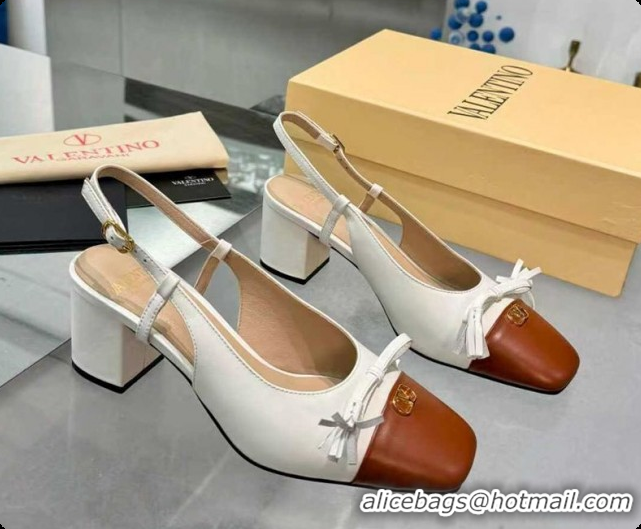 Classic Hot Valentino VALET DU ROI Slingbacks Pump 6cm in Calfskin Leather with Tassel Bow White/Brown 1215038
