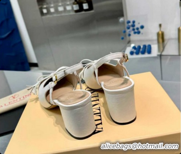 Classic Hot Valentino VALET DU ROI Slingbacks Pump 6cm in Calfskin Leather with Tassel Bow White/Brown 1215038