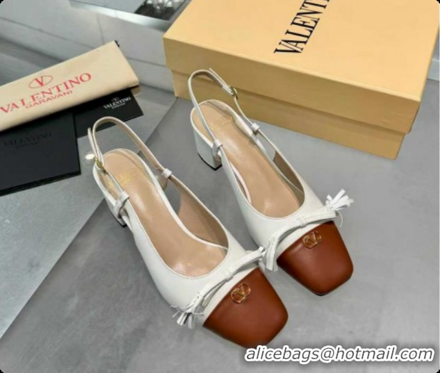 Classic Hot Valentino VALET DU ROI Slingbacks Pump 6cm in Calfskin Leather with Tassel Bow White/Brown 1215038