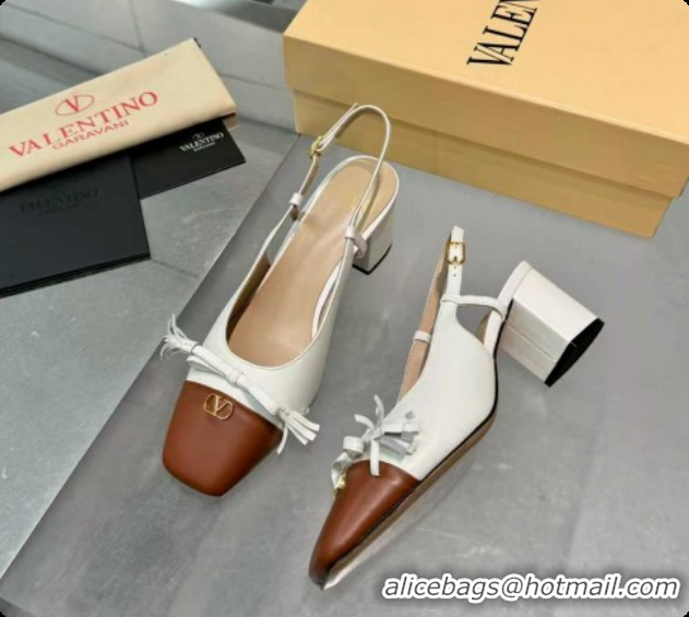 Classic Hot Valentino VALET DU ROI Slingbacks Pump 6cm in Calfskin Leather with Tassel Bow White/Brown 1215038