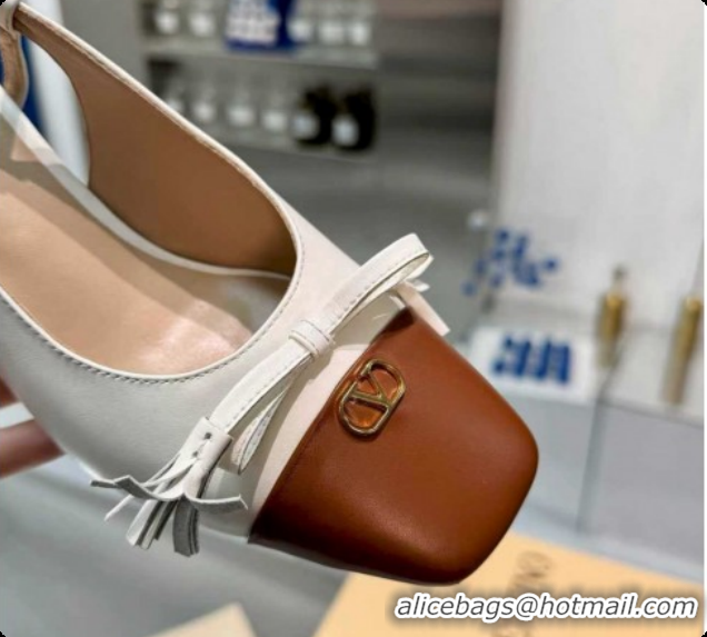 Classic Hot Valentino VALET DU ROI Slingbacks Pump 6cm in Calfskin Leather with Tassel Bow White/Brown 1215038