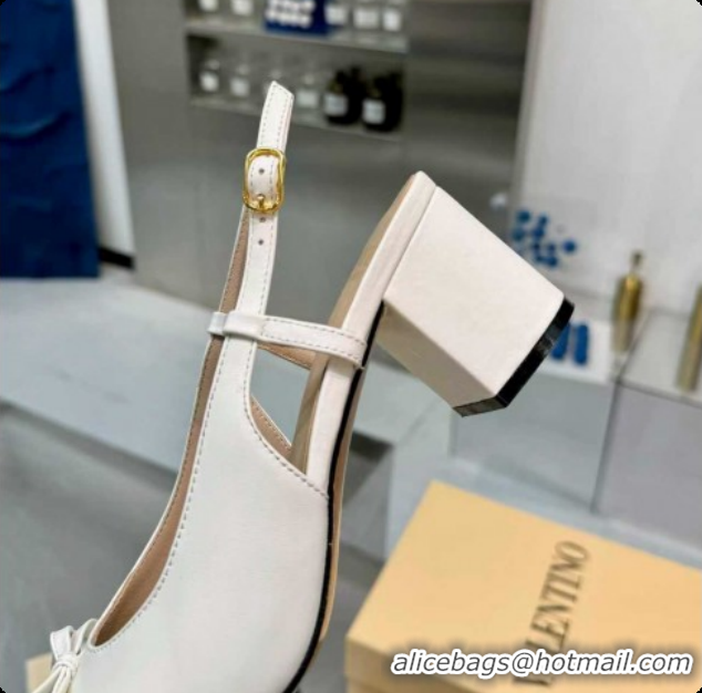 Classic Hot Valentino VALET DU ROI Slingbacks Pump 6cm in Calfskin Leather with Tassel Bow White/Brown 1215038