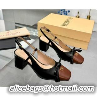 Top Grade Valentino VALET DU ROI Slingbacks Pump 6cm in Calfskin Leather with Tassel Bow Black/Brown 1215039