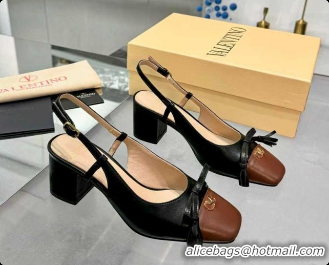 Top Grade Valentino VALET DU ROI Slingbacks Pump 6cm in Calfskin Leather with Tassel Bow Black/Brown 1215039