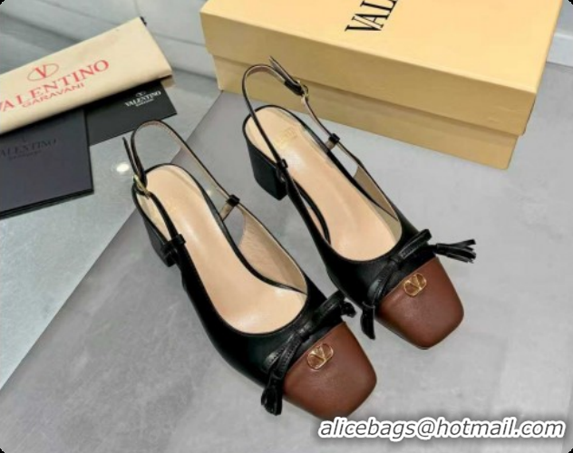 Top Grade Valentino VALET DU ROI Slingbacks Pump 6cm in Calfskin Leather with Tassel Bow Black/Brown 1215039