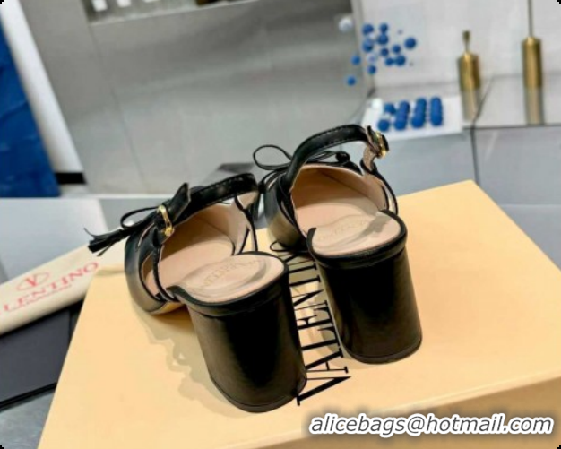 Top Grade Valentino VALET DU ROI Slingbacks Pump 6cm in Calfskin Leather with Tassel Bow Black/Brown 1215039