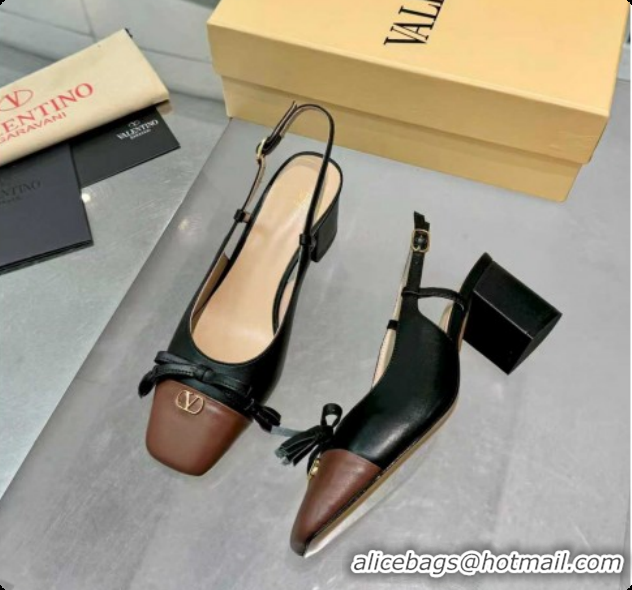 Top Grade Valentino VALET DU ROI Slingbacks Pump 6cm in Calfskin Leather with Tassel Bow Black/Brown 1215039