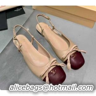 Sumptuous Valentino VALET DU ROI Slingbacks Flat in Calfskin Leather with Tassel Bow Beige/Dark Burgundy 1215040