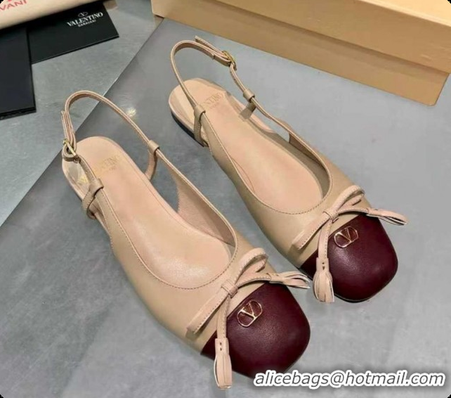 Sumptuous Valentino VALET DU ROI Slingbacks Flat in Calfskin Leather with Tassel Bow Beige/Dark Burgundy 1215040