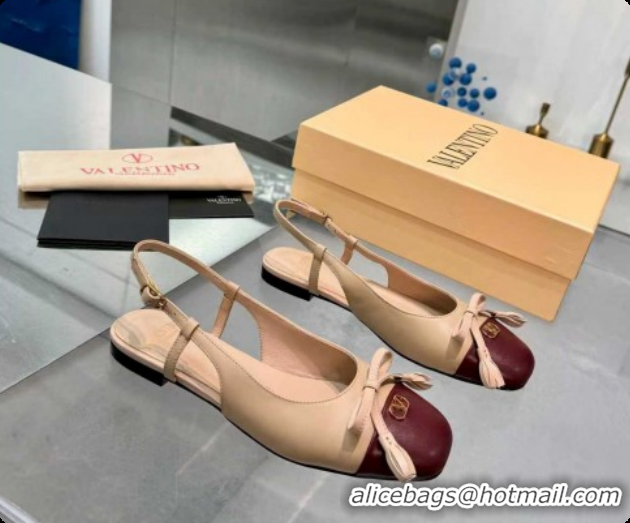 Sumptuous Valentino VALET DU ROI Slingbacks Flat in Calfskin Leather with Tassel Bow Beige/Dark Burgundy 1215040