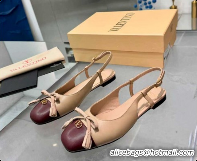 Sumptuous Valentino VALET DU ROI Slingbacks Flat in Calfskin Leather with Tassel Bow Beige/Dark Burgundy 1215040