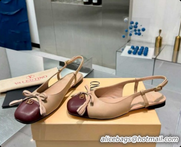 Sumptuous Valentino VALET DU ROI Slingbacks Flat in Calfskin Leather with Tassel Bow Beige/Dark Burgundy 1215040