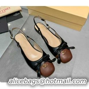 Classic Hot Valentino VALET DU ROI Slingbacks Flat in Calfskin Leather with Tassel Bow Black/Brown 1215042
